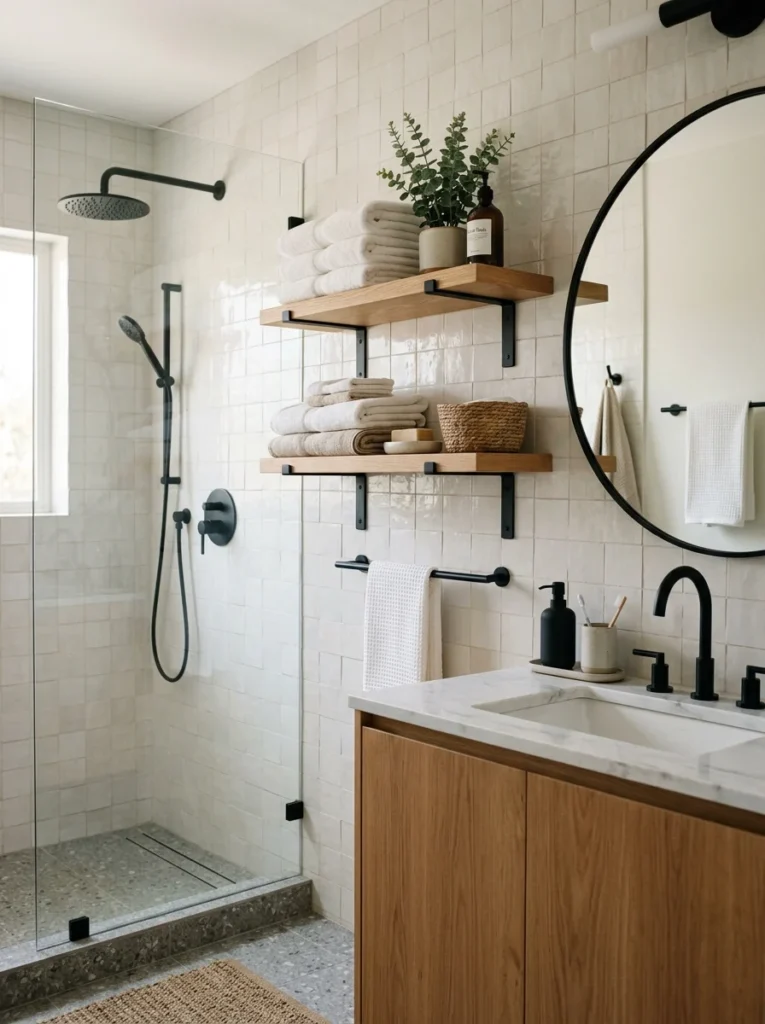 athroom shelf brackets coordinated with matching matte black fixtures.