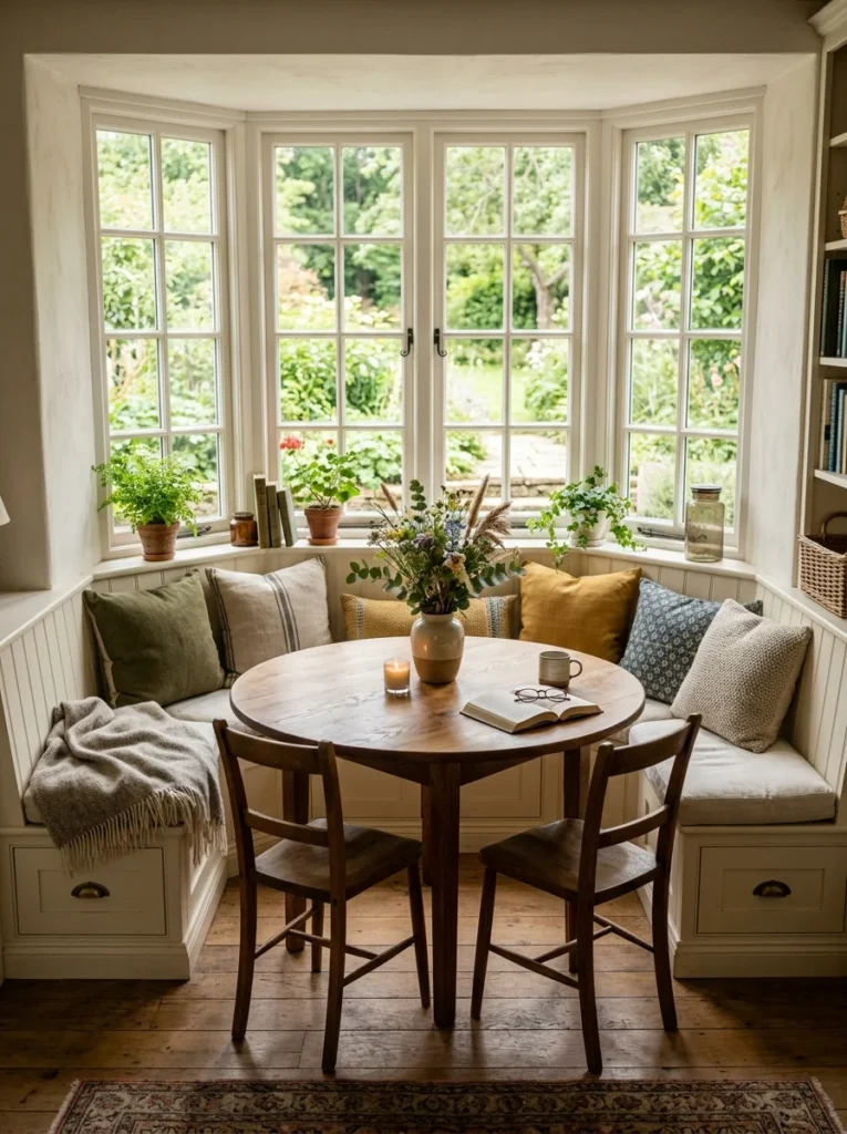 Window seat banquette with hidden storage.