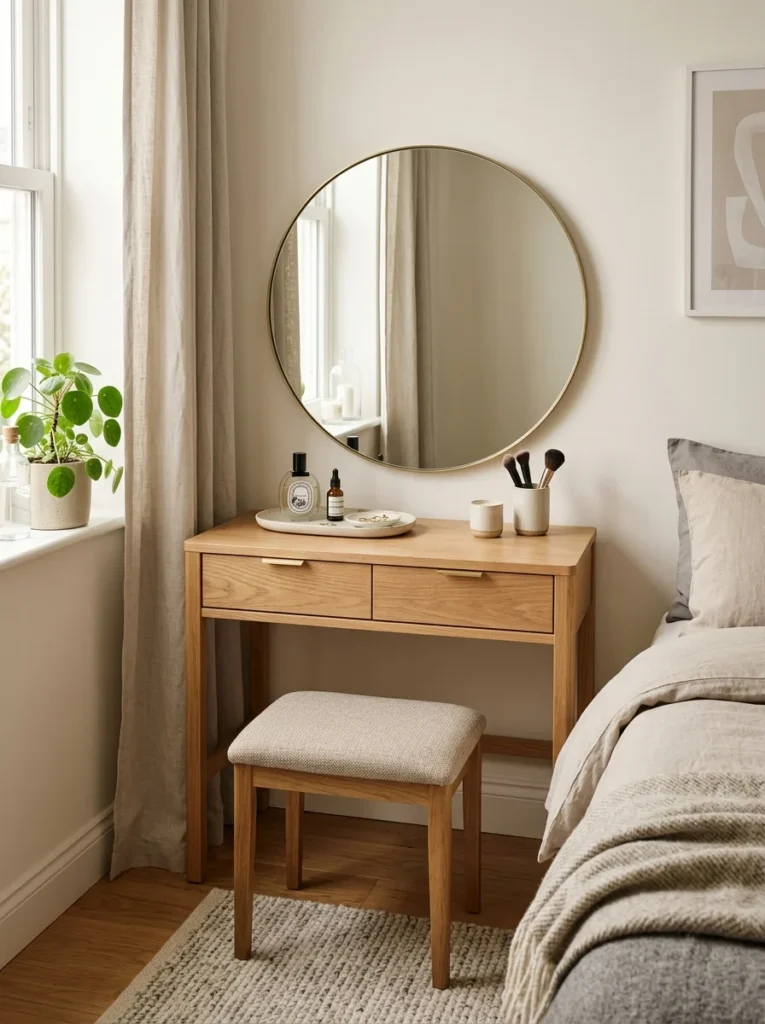 Compact bedroom vanity table with mirror and organized getting-ready essentials.