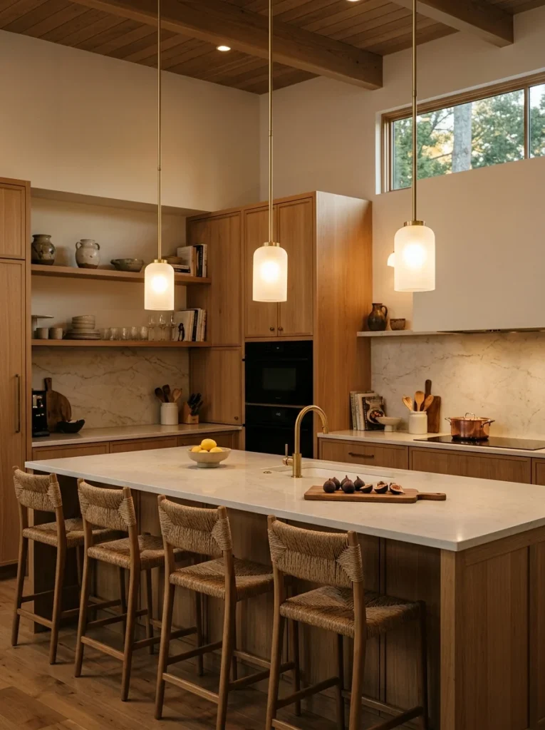 Kitchen island pendant lights hanging at a practical height above the countertop.