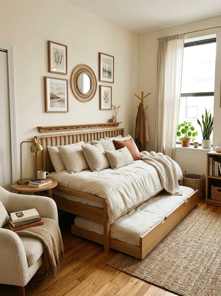 Daybed with pull-out trundle for a multifunctional guest room.