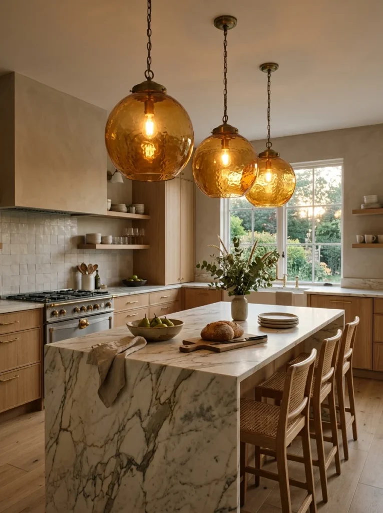 Amber glass statement pendant lights creating a focal point above a kitchen island.