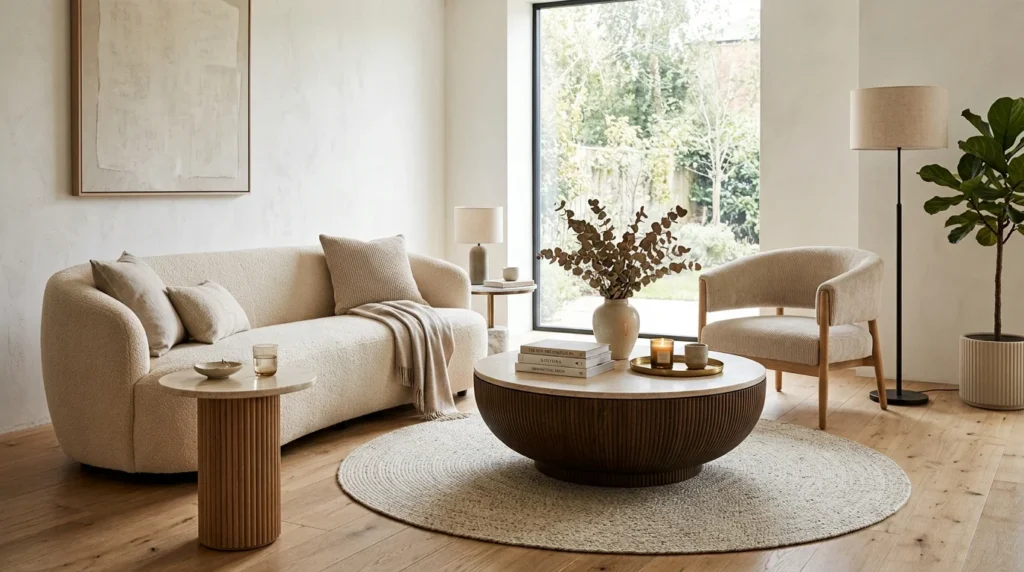 Beautiful sophisticated modern living room showcasing stylish round table ideas, large round sculptural coffee table as the central focal point, soft curved sofa, two smaller round side tables, subtle round textured rug beneath the coffee table, natural oak and light stone materials, warm beige and cream color palette, curved accent chair, elegant fluted table base, large windows with abundant natural daylight, open flowing furniture arrangement, balanced combination of curved and rectangular furniture, realistic lived-in styling, high-end editorial interior photography, highly detailed materials and textures, Pinterest-worthy composition, no people, no text, vertical 2:3 ratio