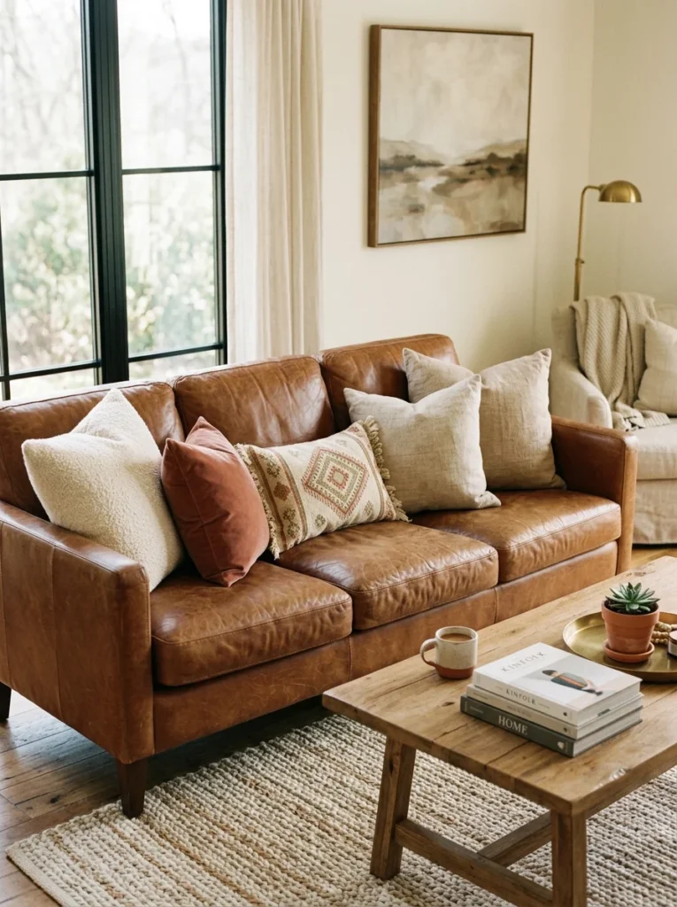 Leather sofa decorated with a mix of linen, boucle, and velvet pillows.