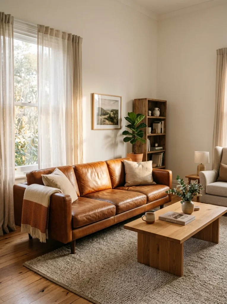 Caramel leather sofa illuminated by soft golden natural sunlight.
