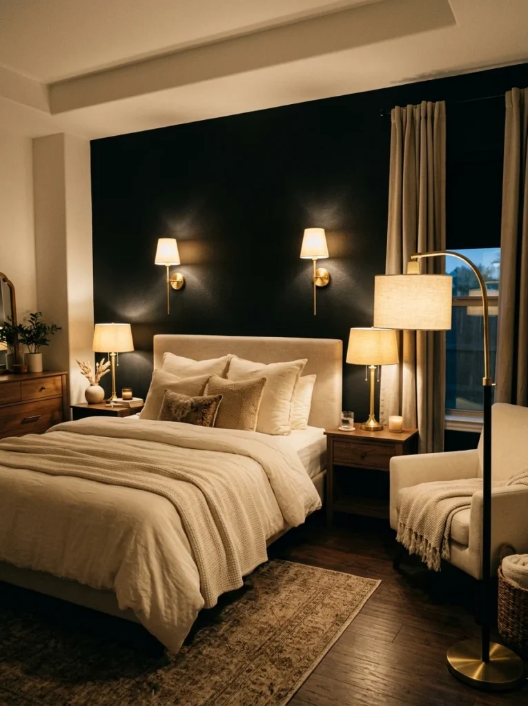 Warm layered lighting in a bedroom with a black feature wall.