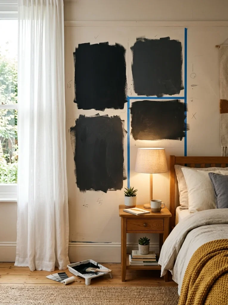 Black paint samples tested under different bedroom lighting.