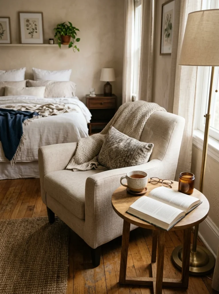 Small side table beside a cozy reading chair in a bedroom corner.