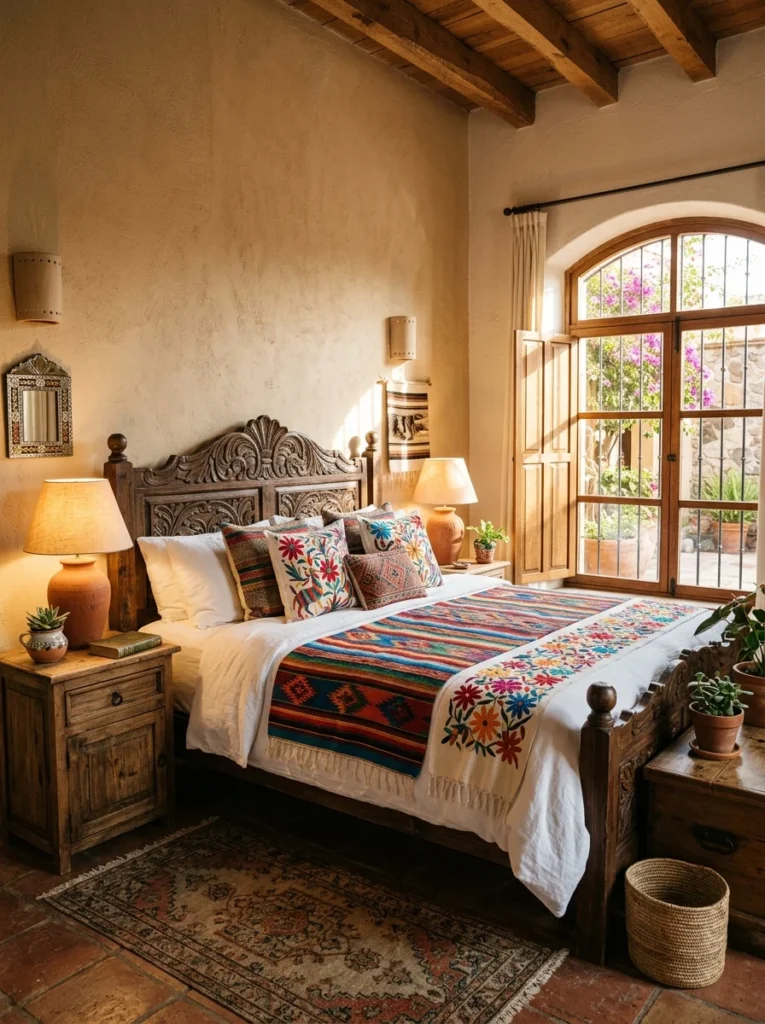 Mexican woven blanket layered over white bedding.