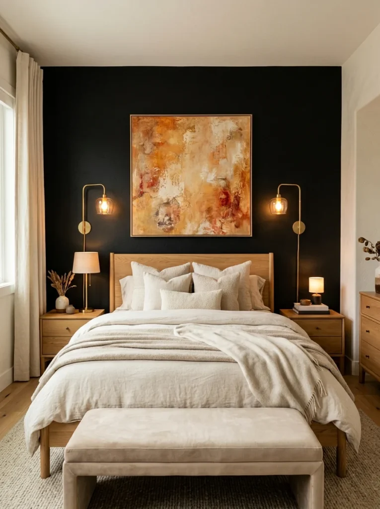 Oversized abstract artwork decorating a black bedroom accent wall.