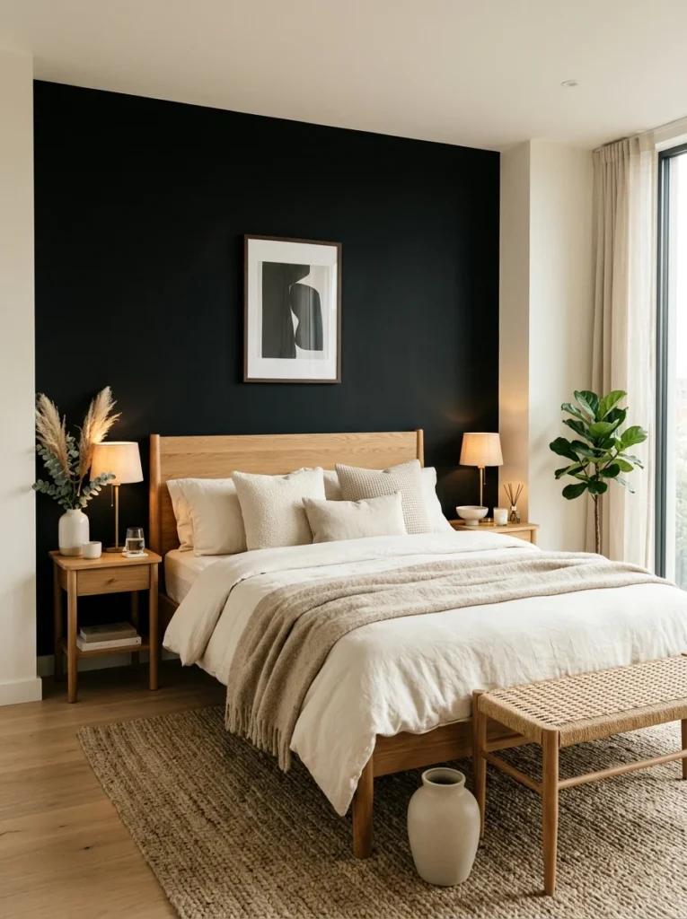 True matte black accent wall behind a warm wood bed.