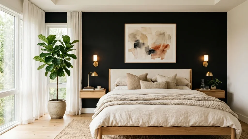 Modern bedroom with a matte black accent wall, warm wood furniture, cream bedding, and brass lighting.