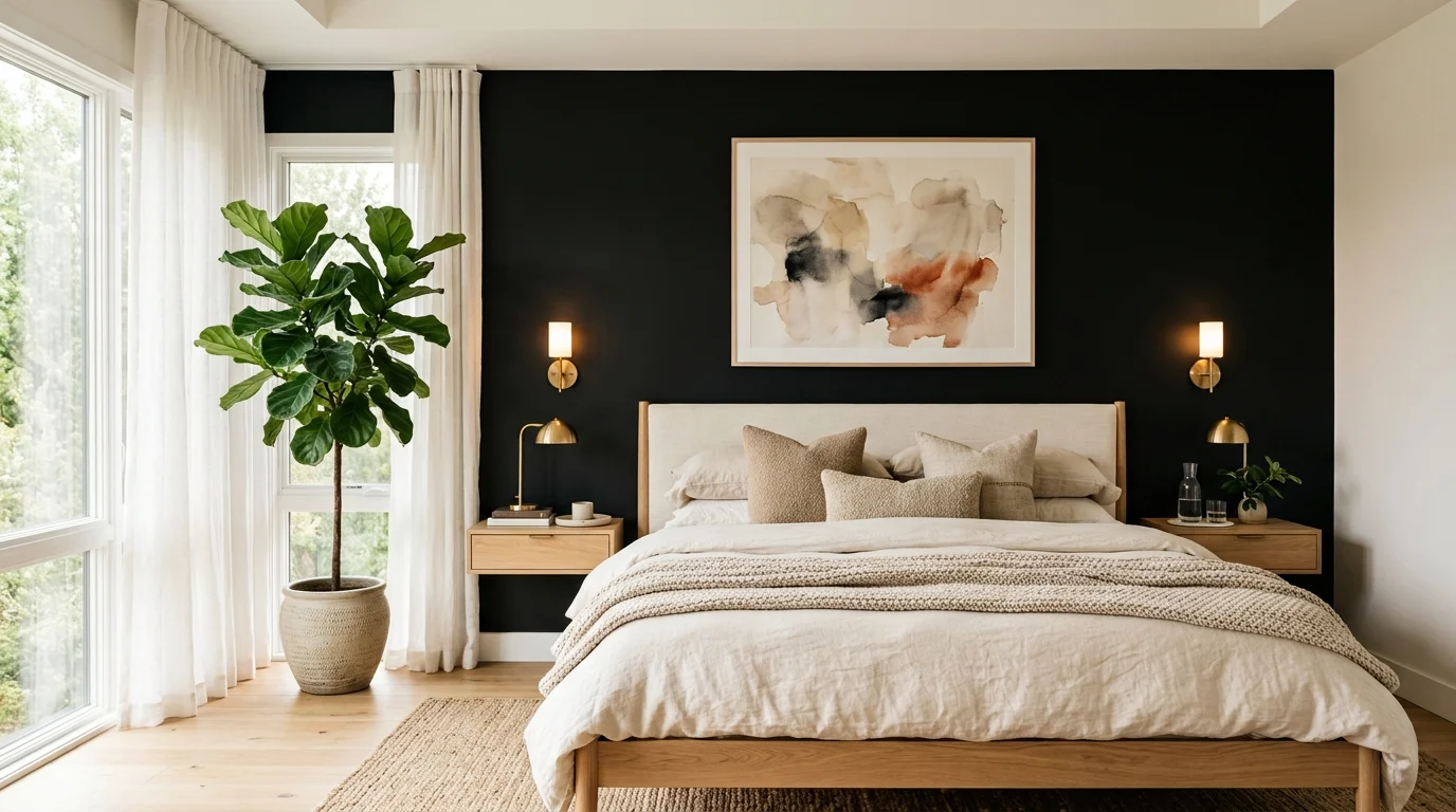 Modern bedroom with a matte black accent wall, warm wood furniture, cream bedding, and brass lighting.