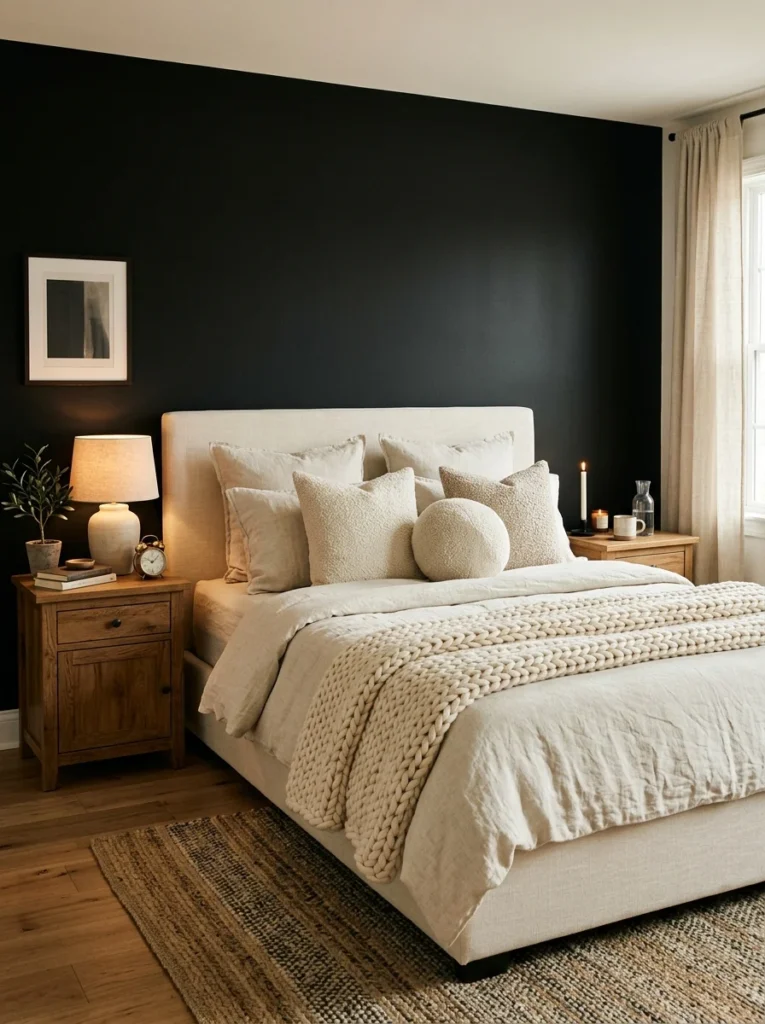 Cream textured bedding contrasting with a black accent wall.