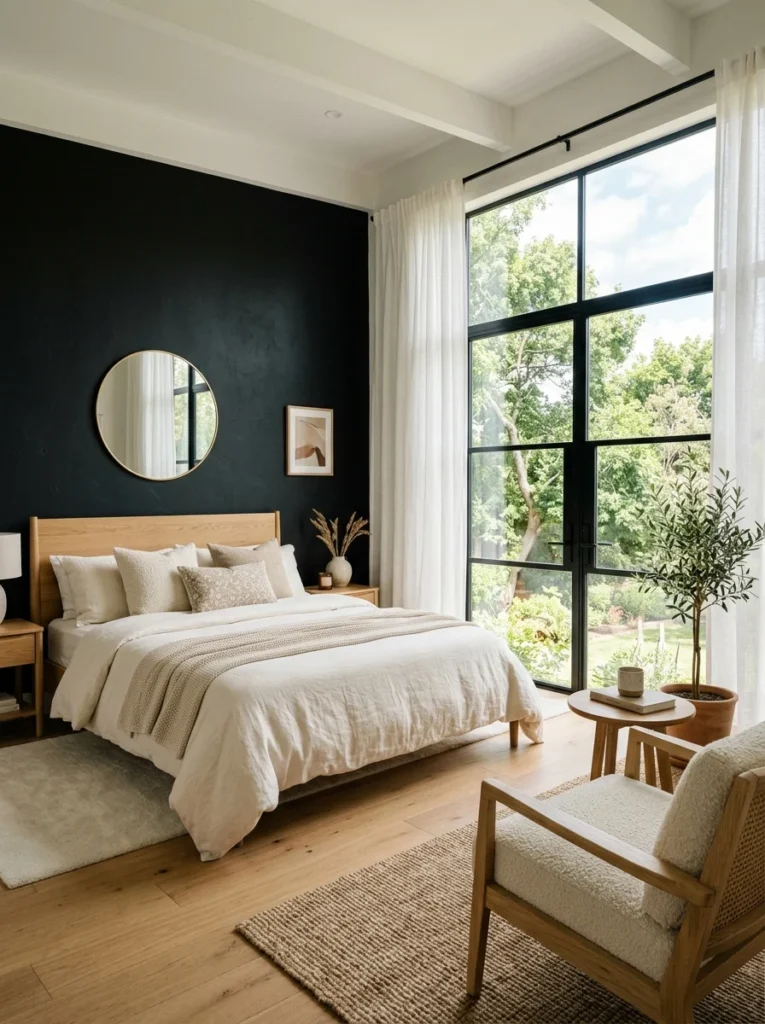 Bedroom layout showing a black accent wall away from the windows.