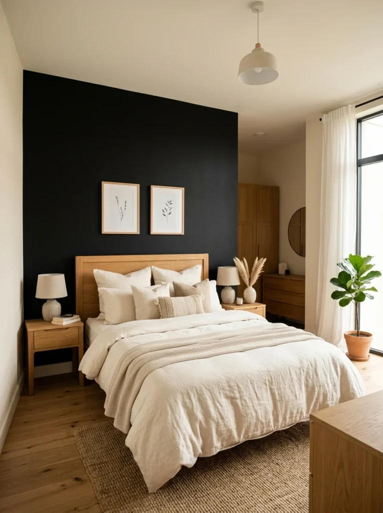 Black accent wall balanced with warm white bedroom walls.