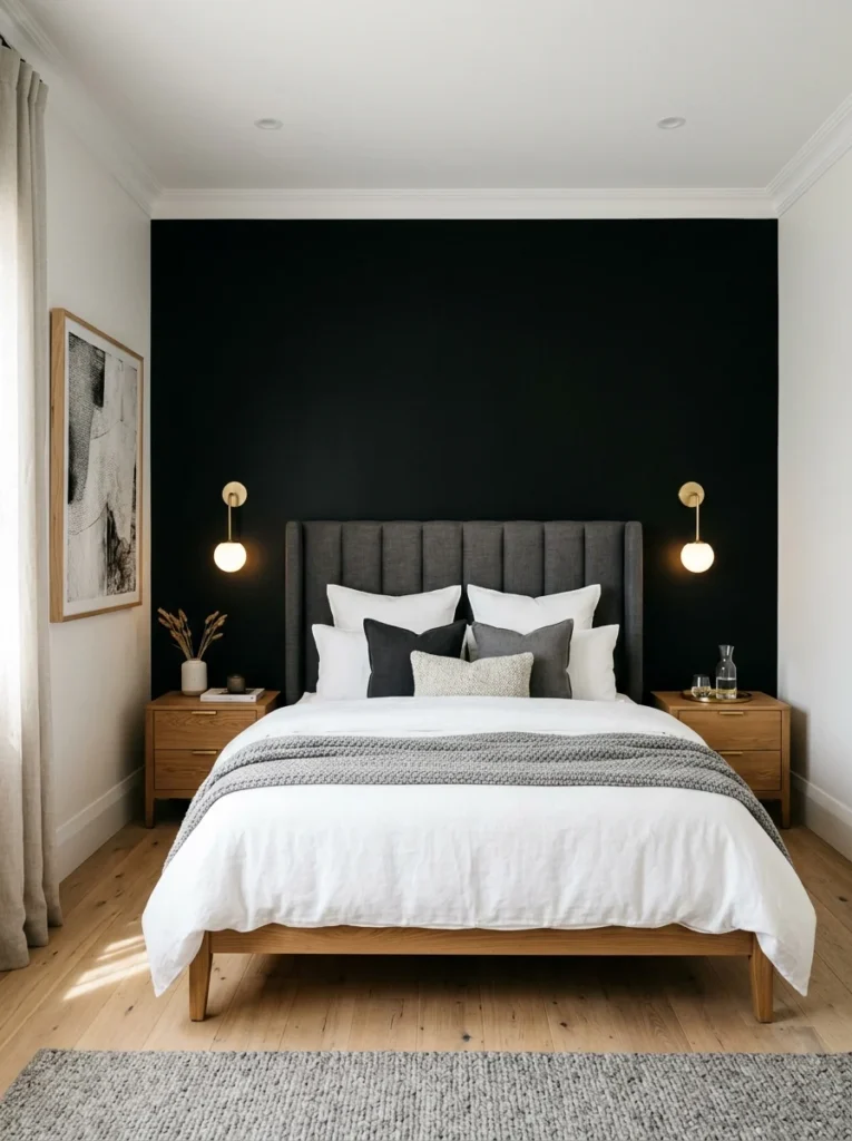 Black accent wall positioned behind the bedroom headboard.