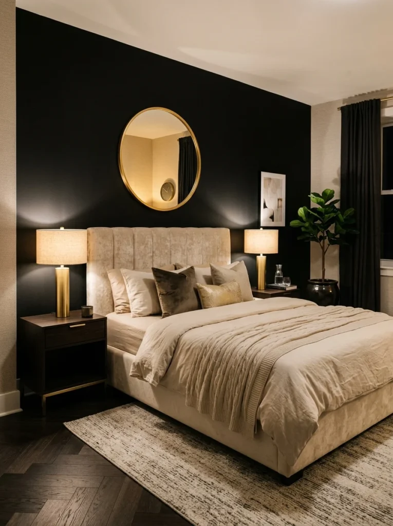 Brass accents creating warmth against a black accent wall.
