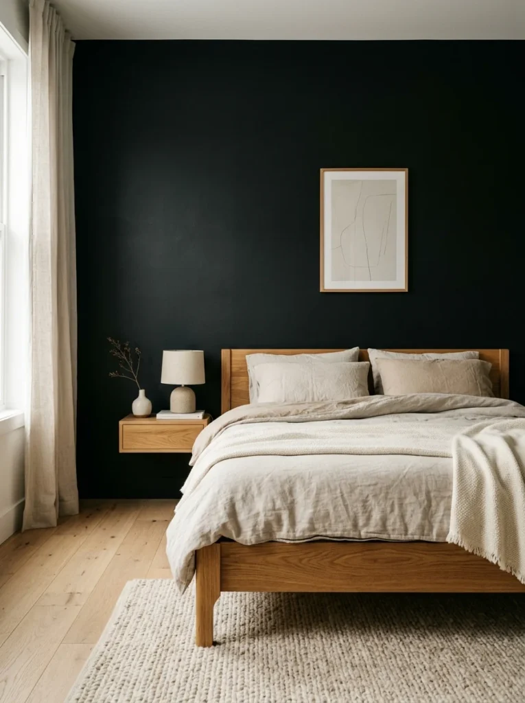 Matte black bedroom wall with a sophisticated finish.
