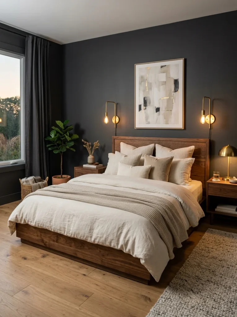 Charcoal bedroom balanced with warm walnut furniture.
