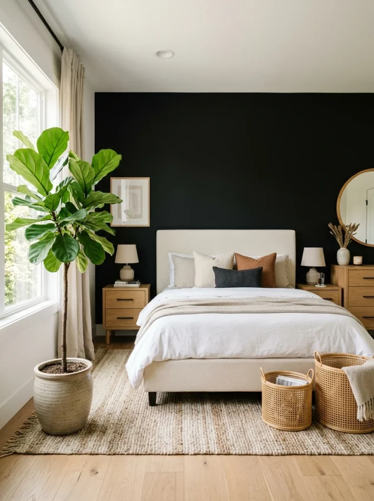 Indoor plant adding contrast to a black accent wall bedroom.