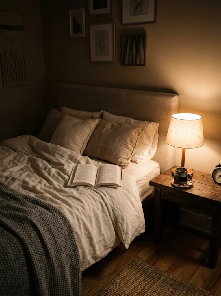 Small bedside table lamp creating warm and relaxing bedroom lighting.