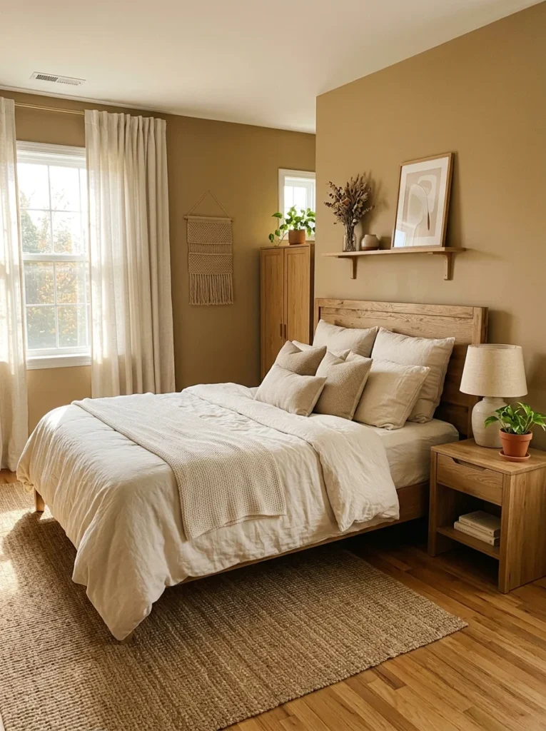 Soft ochre bedroom with warm natural lighting.