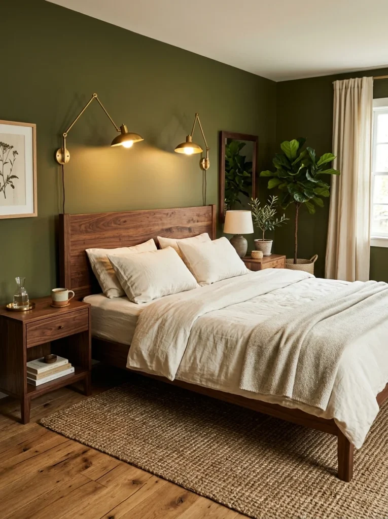 Olive green bedroom with brass lighting and warm wood furniture.
