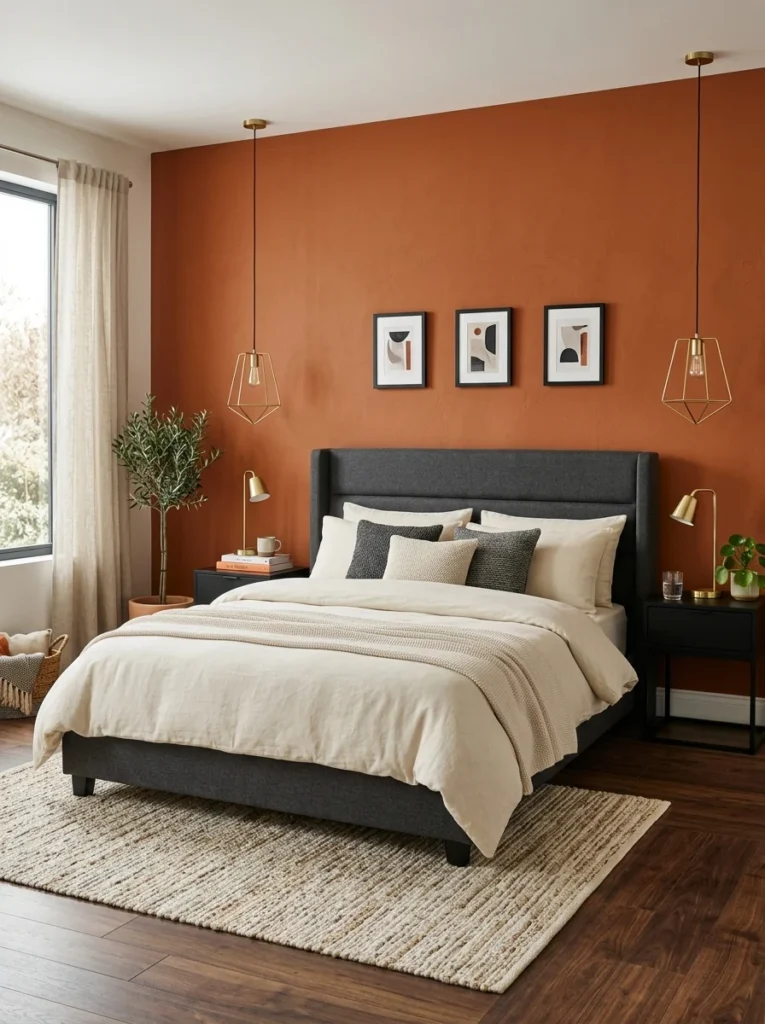 Rust orange bedroom accented with charcoal furniture.