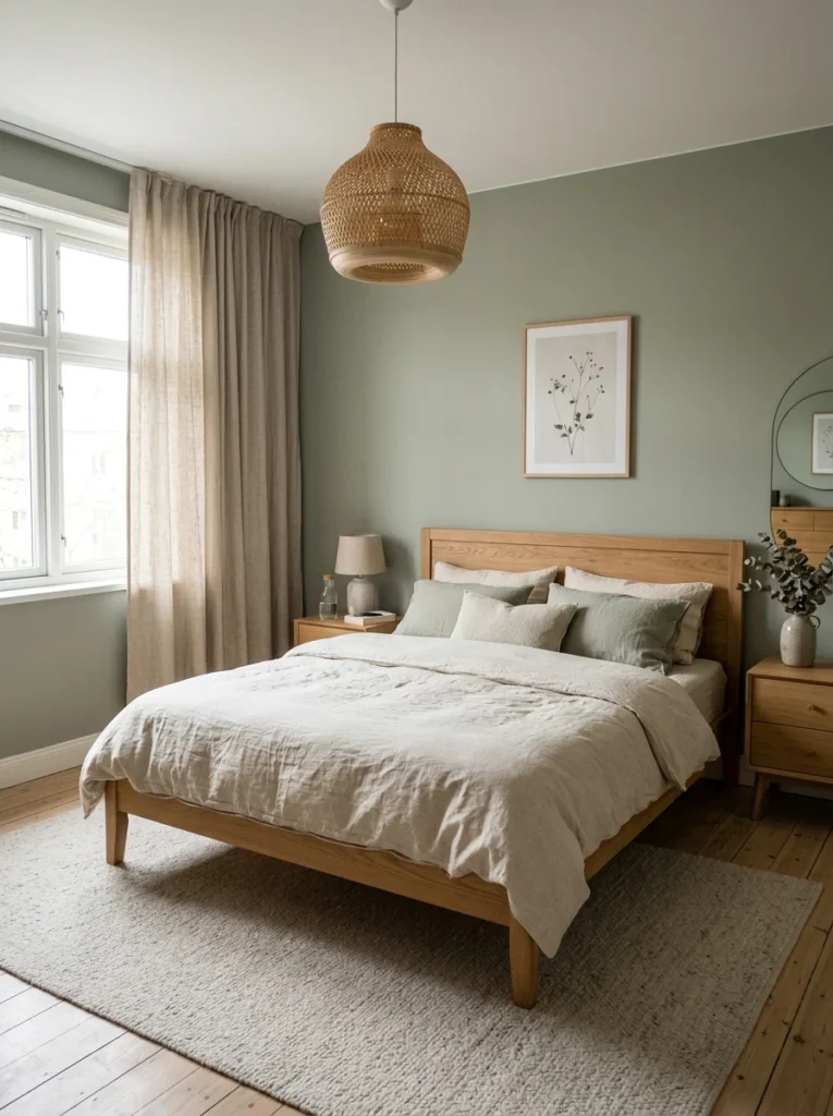 Sage green bedroom paired with natural linen bedding.