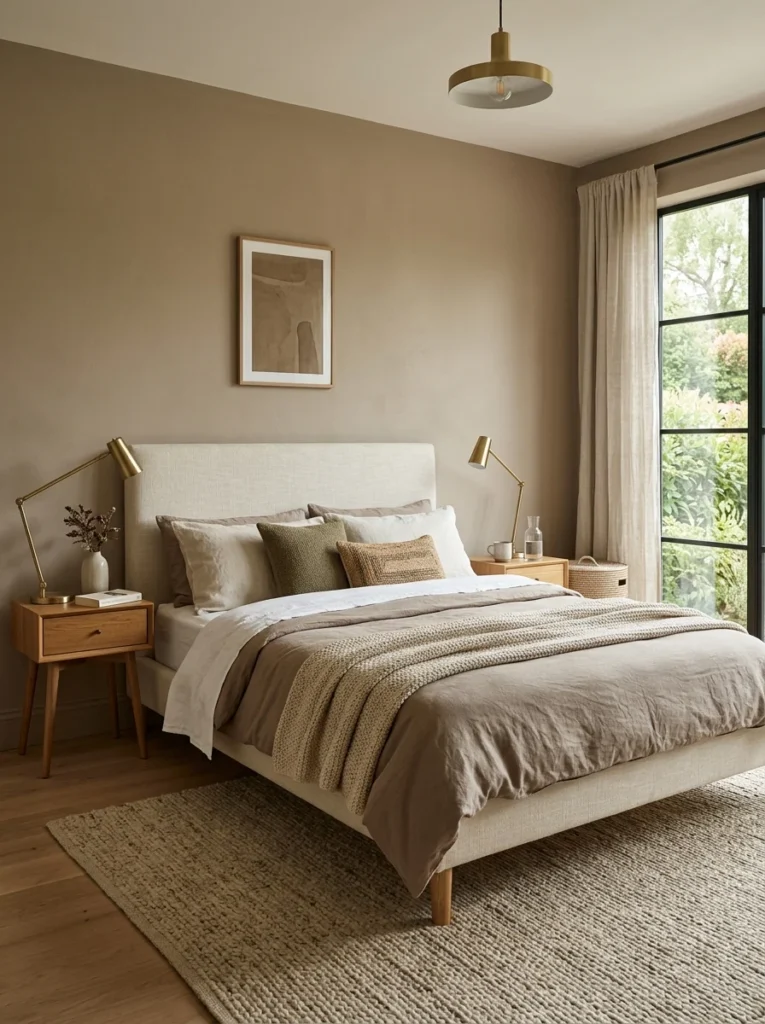 Warm taupe bedroom with natural wood furniture.