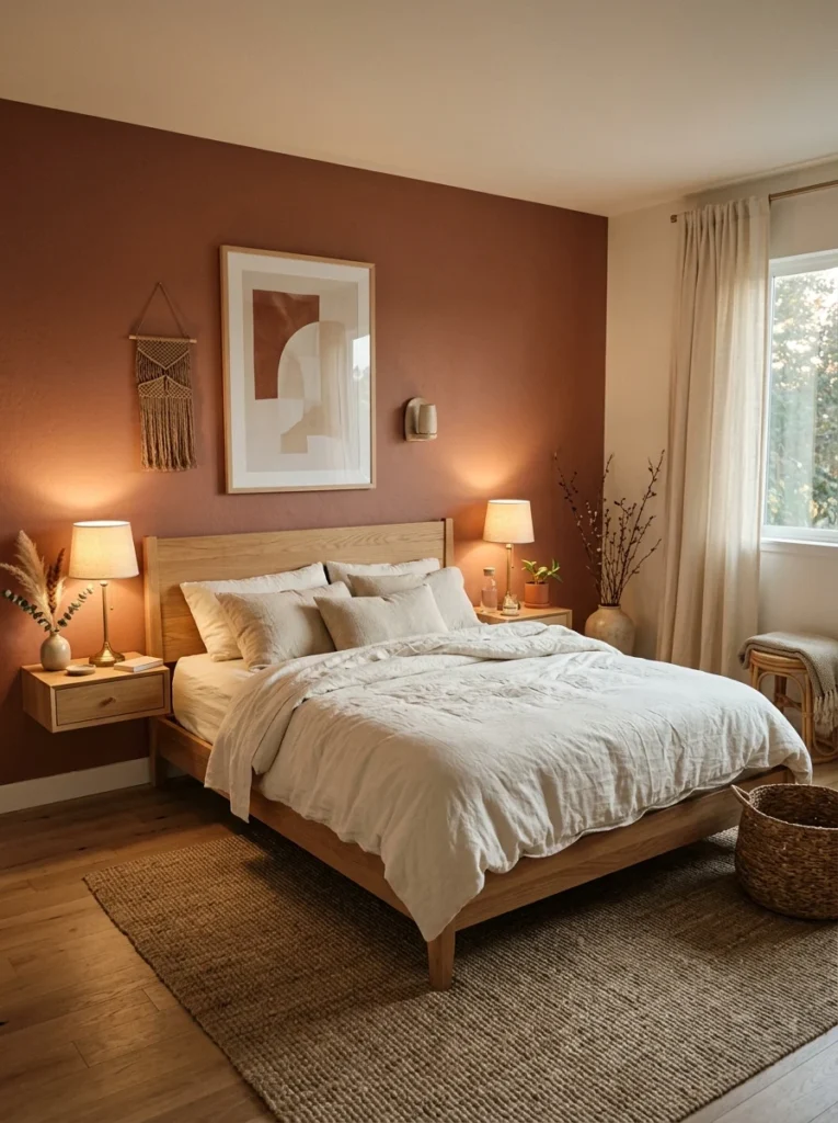 : Bedroom with muted terracotta accent wall and cream bedding.