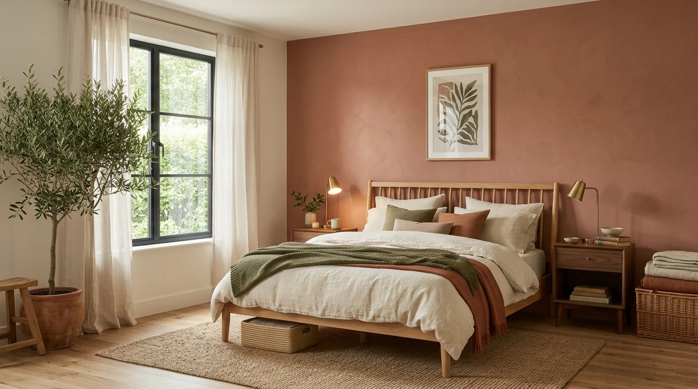 Cozy earthy bedroom with terracotta walls, cream bedding, natural wood furniture, and linen textures.