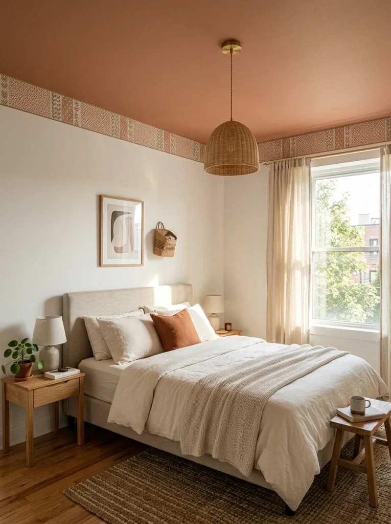 Rental bedroom updated with a warm painted ceiling.