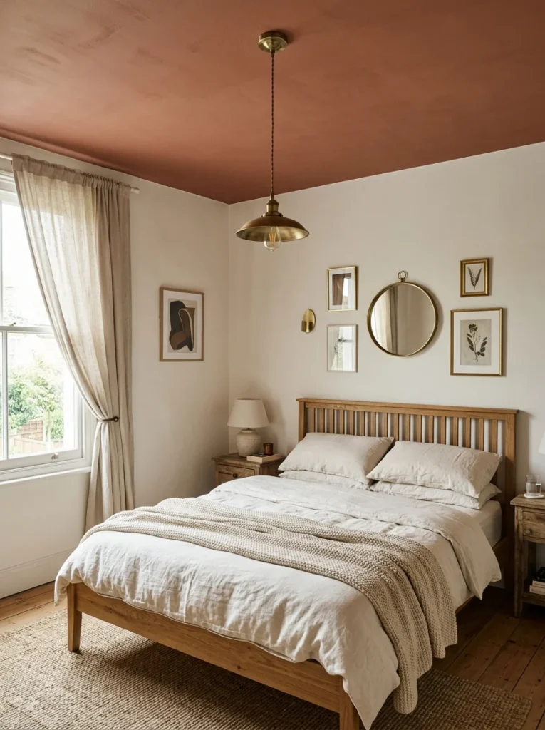 edroom with terracotta ceiling and warm white walls.