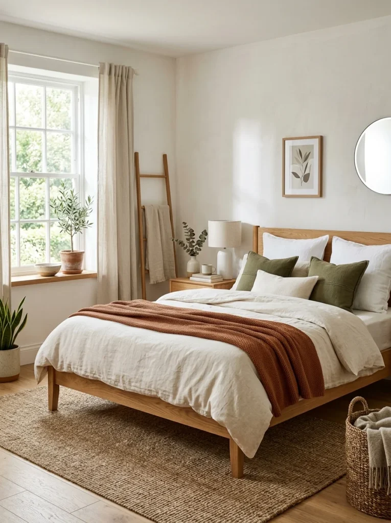 Warm white bedroom styled with earthy textiles and wood furniture.