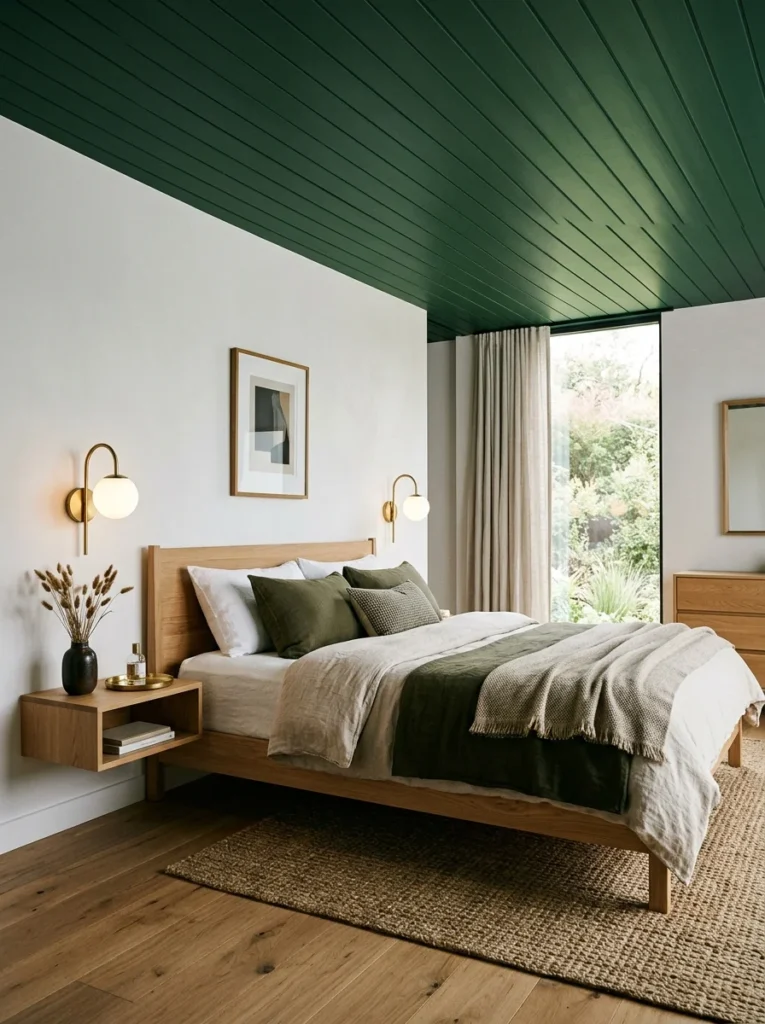 Forest green painted wood slat ceiling in a modern bedroom.