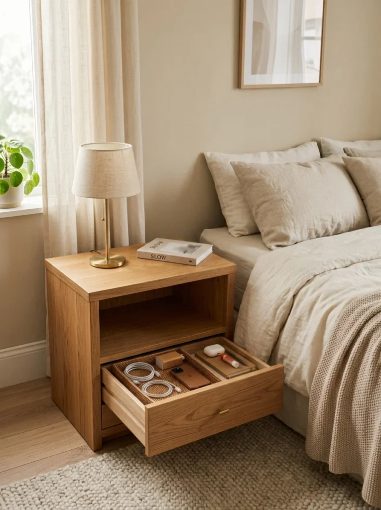 Wooden bedroom nightstand with drawer storage and a clean organized surface.