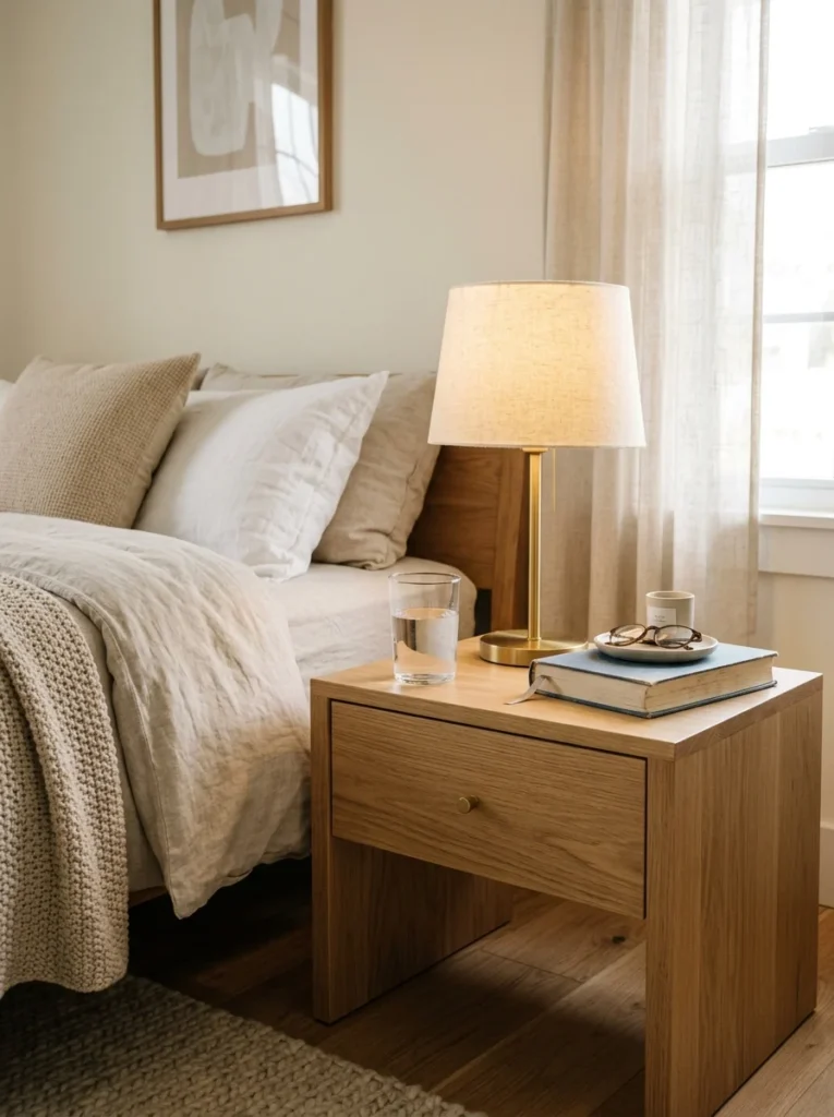 Durable bedside table surface designed to handle water glasses and daily use.