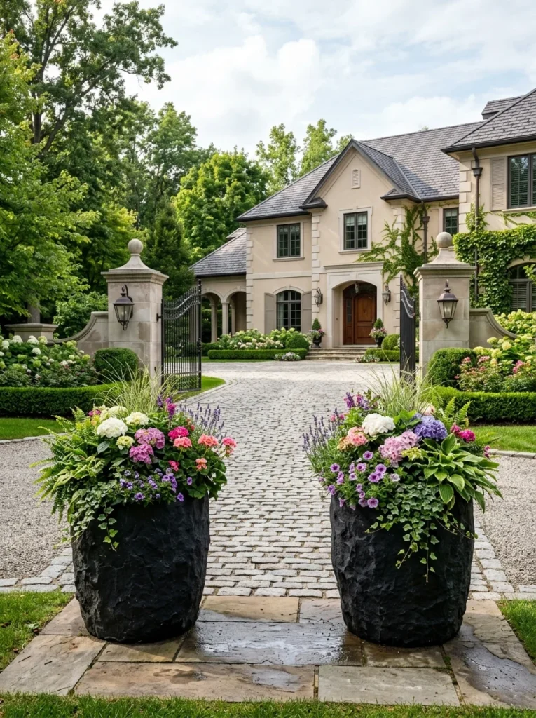 Seasonal flower planters decorating a driveway entrance.