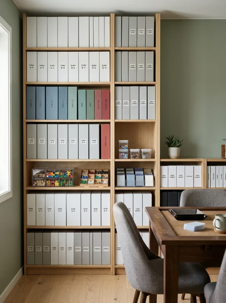 Organized hobby room board game shelving with compact storage boxes and easy-access game supplies.