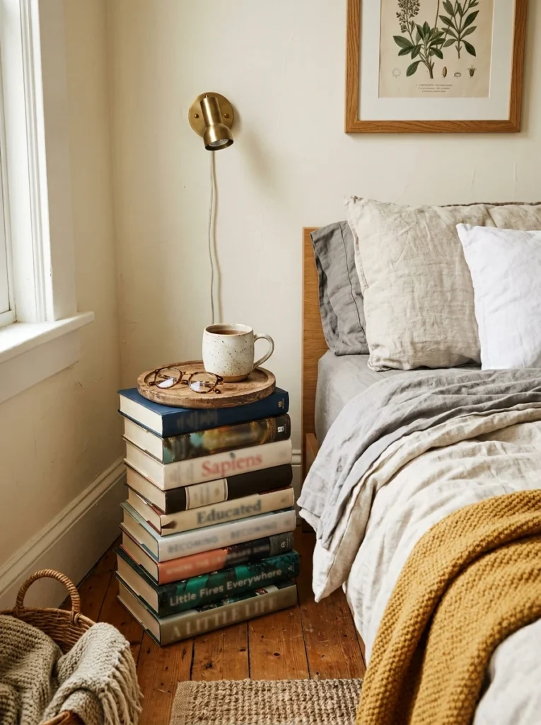 Stack of hardcover books creatively used as a makeshift bedroom side table.