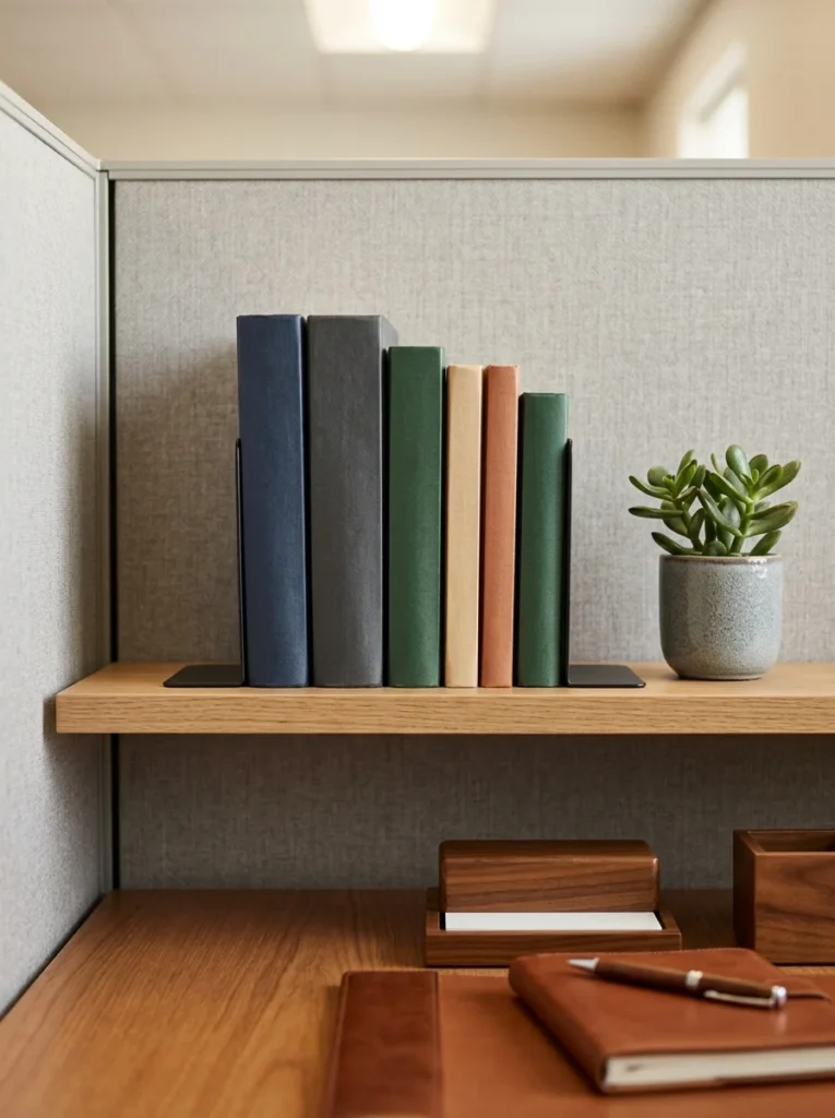 Small collection of professional reference books neatly arranged on an office cubicle shelf.