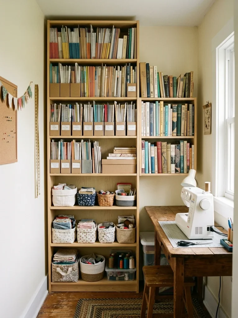 Narrow vertical bookshelf storing sewing patterns and reference books.