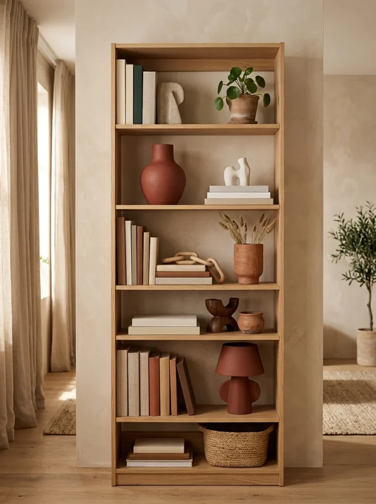Terracotta decorative accessories adding bold color.