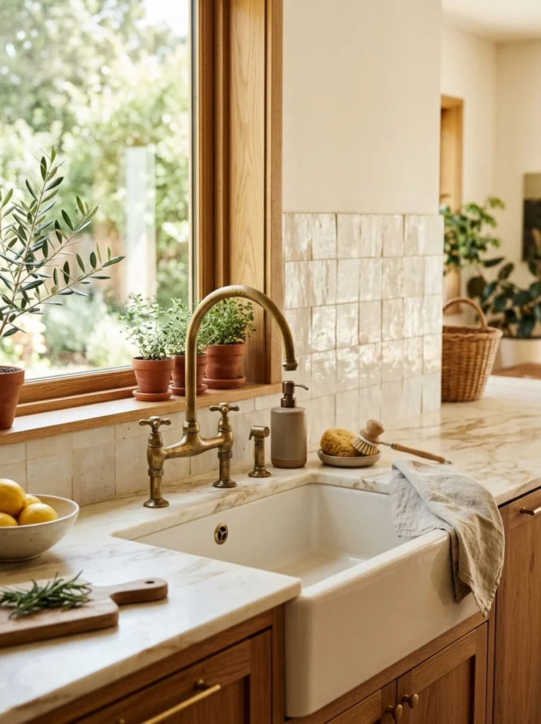 Warm brass kitchen faucet creating a softer alternative to matte black fixtures.