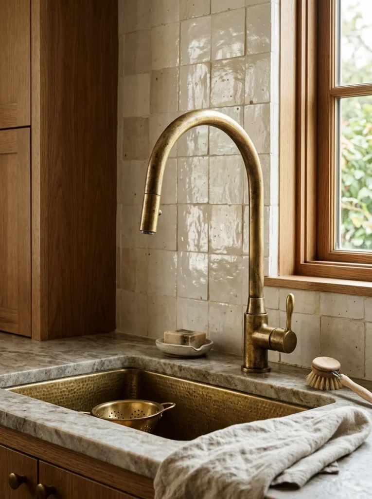 Sculptural curved brass faucet serving as a functional focal point in a modern kitchen.
