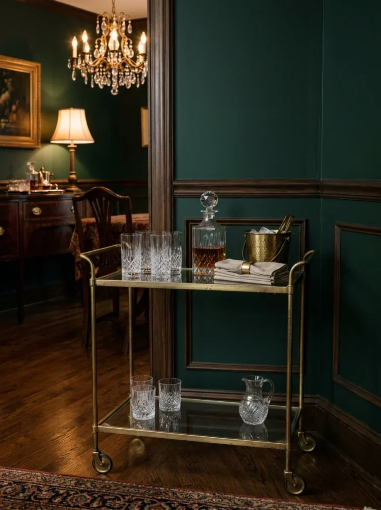 Vintage brass and glass drinks trolley with crystal glassware in an elegant traditional dining room.
