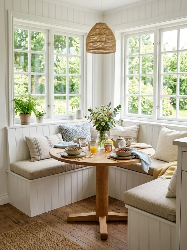 Built-in corner banquette maximizing dining space.