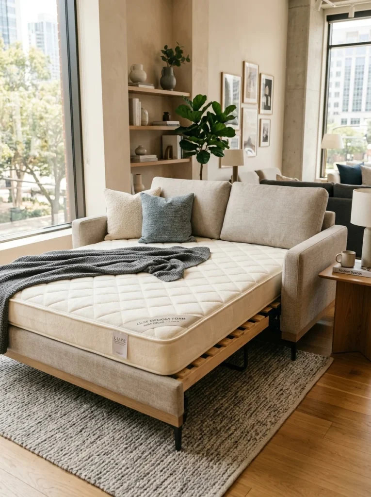 Comfortable convertible sofa bed with memory foam mattress.